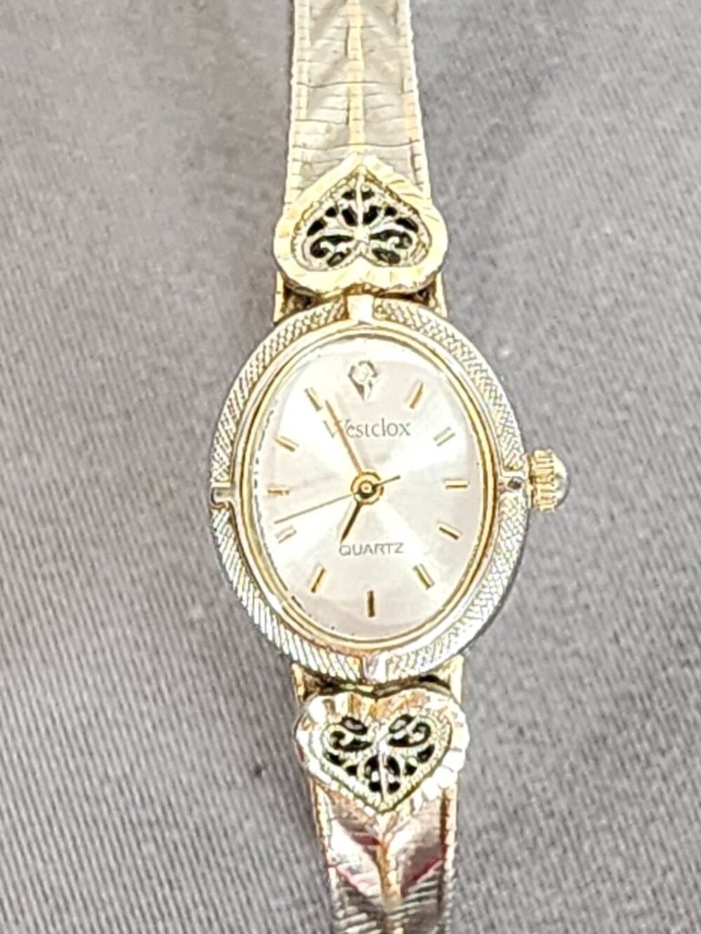 Westclox Diamond Quartz Two Tone Chevron Wheat Adj SS Band LTX116 Women's Watch